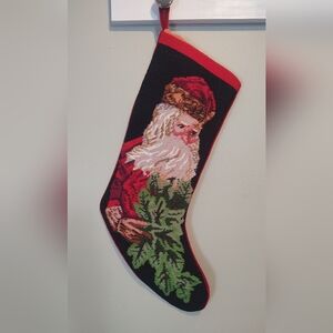 Vtg Needlepoint Velvet Stocking Old World Santa